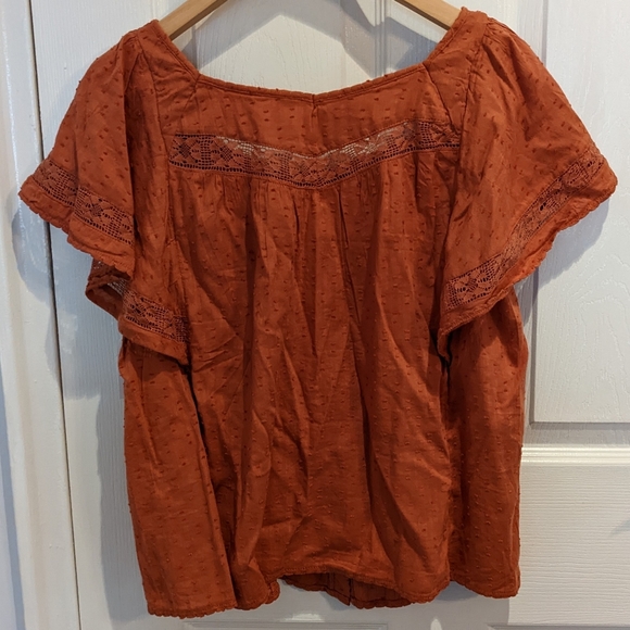 Old Navy - oversized clip-dot crochet lace button front blouse - rust orange xs - Picture 3 of 7